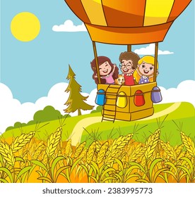 Niños en un globo aerostático en el campo. Ilustración vectorial.