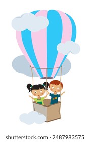 Niños en un globo aerostático. Ilustración vectorial