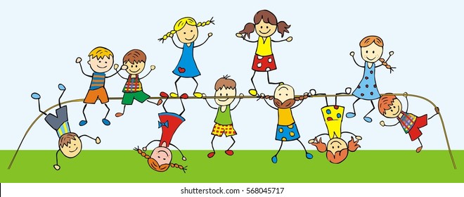 Children On A Jungle Gym. Happy Kids, Color Illustration. Vector Icon.