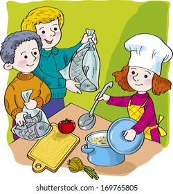 Children on kitchen cook soup from fish. The girl in toque blanche, in a hand a ladle and an open pan. Boys in hands hold fish.