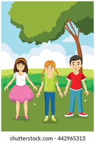 children on the lawn vector. Friends in nature vector