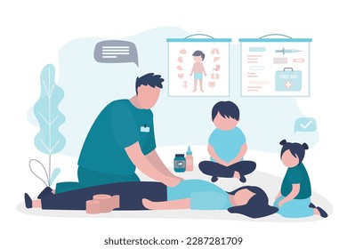 Niños en clase, doctores enseñando primeros auxilios. Salvar la vida y la salud, concepto. Seminario de educación para niños. Aprender información médica y practicar para los estudiantes. ilustración vectorial plana