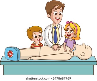 Children on lesson, doctor teaching first aid. Life save and healthcare, concept. Education seminar for kids. Learning medical information and practicing for students. flat vector illustration
