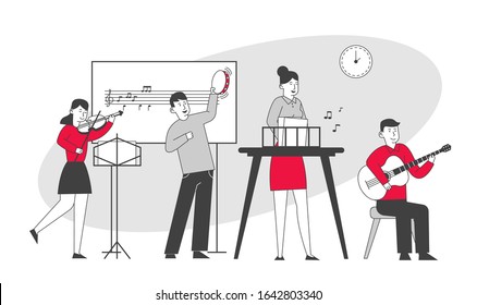 Children on Lesson in Music School Teacher and Students Training with Different Instruments Violin Guitar and Tambourine in Classroom with Notes on Blackboard. Cartoon Vector Illustration Line Art