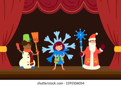 Children on a matinee at school, in costumes on stage. Russian culture, school theater. Snowman, snowflake, Santa Claus costumes. Characters of children in the school scene