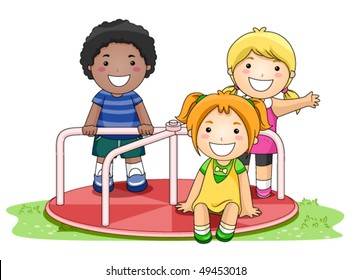 Children on Merry Go Round in the Park - Vector