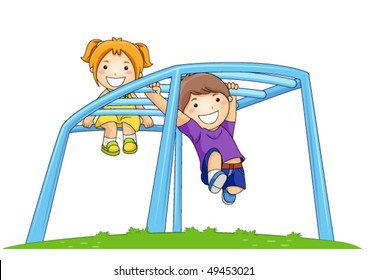 Children On Monkey Bar In The Park - Vector