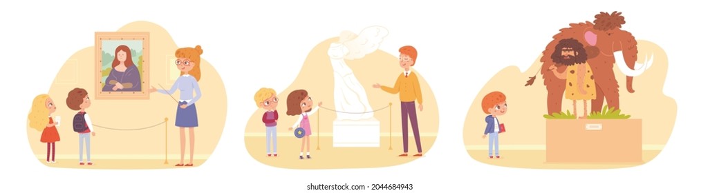 Children On Museum Trip Set. Kids Looking At Art, Sculpture, Ancient History Vector Illustration. School Excursion Scenes With Guides On White Background. Educational Exhibits.