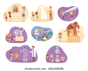 Children On Museum Trip Set. Kids Looking At Art, Sculpture, Astronomy, Dinosaur Skeleton, Sea Life, Ancient History, Science, Knight Armour Vector Illustration. School Excursion Scenes.