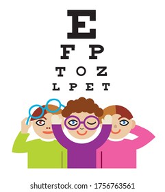 Children on optometry test.
Illustration of Three children on Eye examination.Vector available.