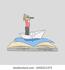 Children on Paper Boat in Open Book