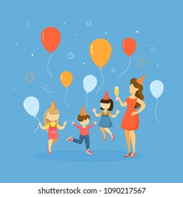 Children on party in hat with balloons.
