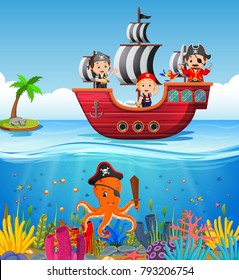 Children On Pirate Ship And Ocean Scene