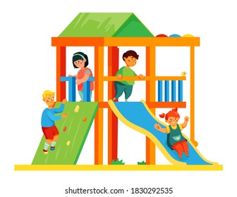 Children on playground - colorful flat design style illustration with cartoon characters. Happy boys and girls playing, having fun, exercising. Outdoor activity for kids with climbers and slide