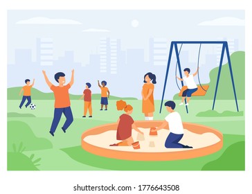 Children on playground concept. Happy kids swinging, kicking soccer ball, playing in sandbox. Boys and girls enjoying leisure time outdoors. Can be used for for outdoor activities, childhood topics