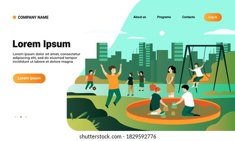 Children On Playground Concept. Happy Kids Swinging, Kicking Soccer Ball, Playing In Sandbox. Boys And Girls Enjoying Leisure Time Outdoors. Can Be Used For For Outdoor Activities, Childhood Topics