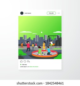 Children On Playground Concept. Happy Kids Swinging, Kicking Soccer Ball, Playing In Sandbox. Boys And Girls Enjoying Leisure Time Outdoors. Can Be Used For For Outdoor Activities, Childhood Topics