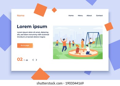 Children On Playground Concept. Happy Kids Swinging, Kicking Soccer Ball, Playing In Sandbox. Boys And Girls Enjoying Leisure Time Outdoors. Can Be Used For For Outdoor Activities, Childhood Topics