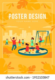 Children On Playground Concept. Happy Kids Swinging, Kicking Soccer Ball, Playing In Sandbox. Boys And Girls Enjoying Leisure Time Outdoors. Can Be Used For For Outdoor Activities, Childhood Topics