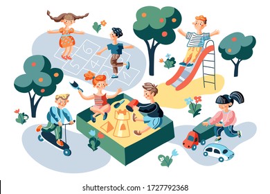 Children on playground flat vector illustration. Little boys and girls at kindergarten yard. Toddlers cartoon characters building sand castle together. Kids playing outside isolated design element