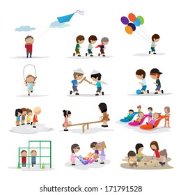 Children On The Playground - Isolated On White Background - Vector Illustration, Graphic Design Editable For Your Design 