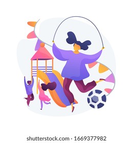 Children on playground. Kids playing together. Kindergarten park, preschool activity, summer daycare. Friends having fun. Girl with jumping rope. Vector isolated concept metaphor illustration.