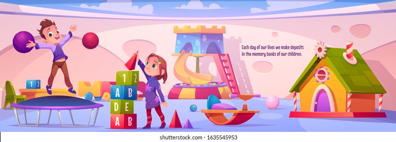 Children on playground in kindergarten. Vector cartoon interior with slide, house, balls and swing. Boy jumps on trampoline and girl plays with cubes in montessori preschool