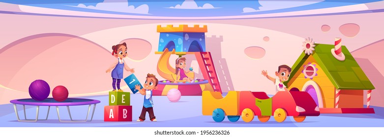 Children on playground in kindergarten. Vector cartoon interior with slide, house, balls and trampoline. Boy ride on car and girl plays with cubes in montessori preschool