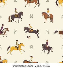 Children on ponies train in the equestrian arena, seamless vector pattern