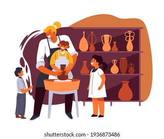 Children on pottery class creating clay figures and shapes with hands. Woman teaching kids to use spinning wheel. Artwork and masterclass for child. Hobby and activities. Vector in flat style