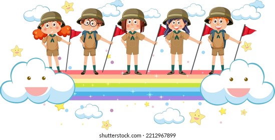 Children on rainbow in cartoon style illustration