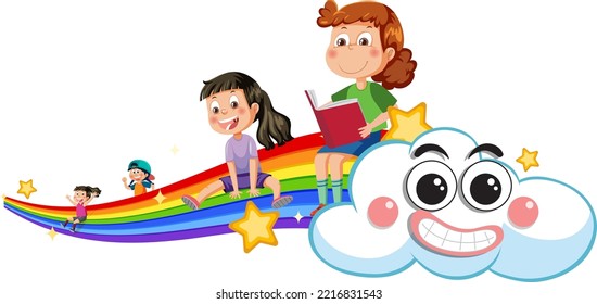 Children on rainbow in cartoon style illustration