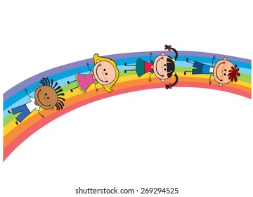children on a rainbow, vector illustration