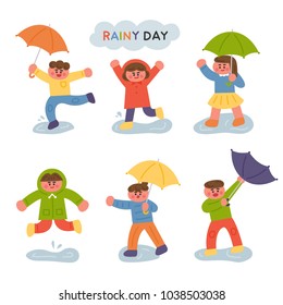 Children on the rainy day. hand drawing style vector illustration flat design