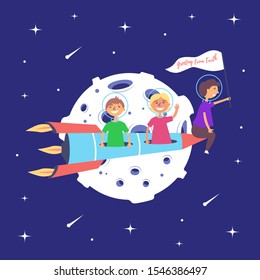 Children on a rocket fly to the moon. Lunar mission. Space excursion. Star space. Vector