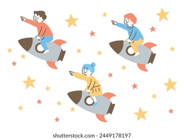 Children on rocket with pointing fingers_color