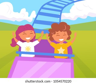Children on a roller coaster. Vector. Cartoon. Isolated art
