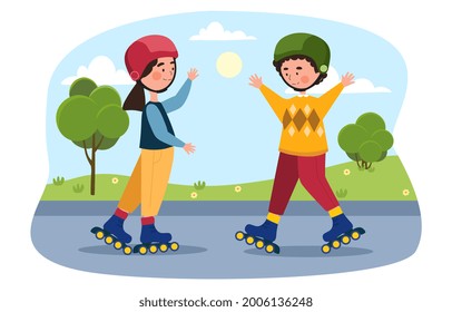 Children on roller skates. A boy and a girl learn to rollerblade in the park. Helmet for safety. A fun game for kids. Cartoon modern flat vector illustration isolated on a white background