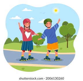 Children on roller skates. Funny characters rollerblading in the park. Helmet and shields for protection in case of a fall. Happy boy and girl. Cartoon flat vector illustration on a white background