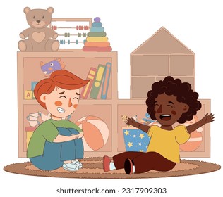 Children on round carpet in kindergarten classroom, play, talk and laugh. Vector illustration for flyer, website, poster, banner.