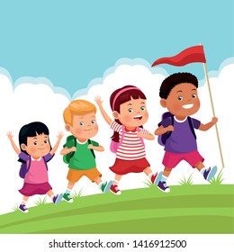 Children On School Field Trip Walking With Flag Outdoor Avatar Cartoon Character