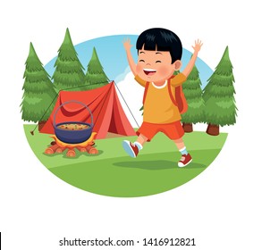 children on school field trip boy student walking with bag in round icon outdoor forest landscape avatar cartoon character