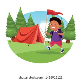 children on school field trip afroamerican boy student walking with bag and flag in round icon outdoor forest landscape avatar cartoon character