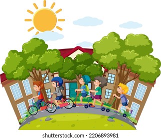 Children on scooters and bicycles illustration