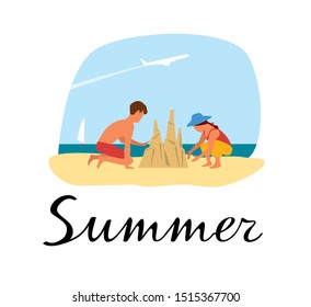 Children on the seashore build a sand castle. Lettering Summer. Vector full color graphics. Hand drawing