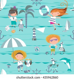 Children on a seashore. Marine seamless background for children