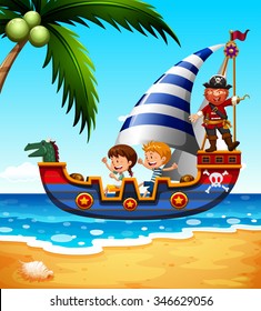 Children on the ship with pirate illustration