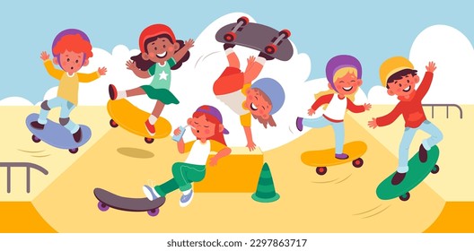 Children on skate flat illustrations set. Funny kids doing tricks on skateboard. Girls and boys in skatepark riding on skate. Color design elements