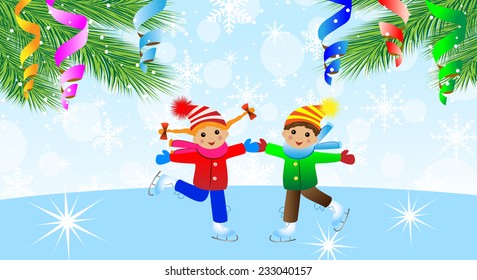 children on skates and branches of christmas tree,vector illustration