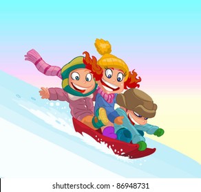 Children on a sled ride with the mountain